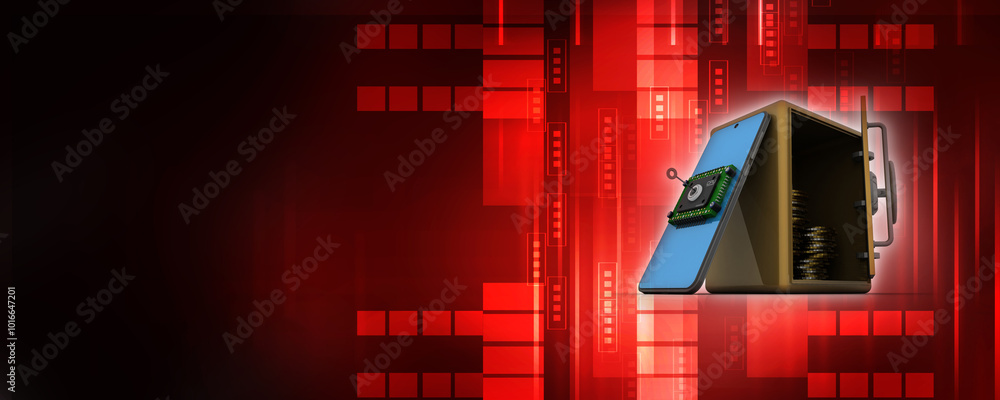 Aufkleber 3d rendering microchips on mobile phone protection key with locker