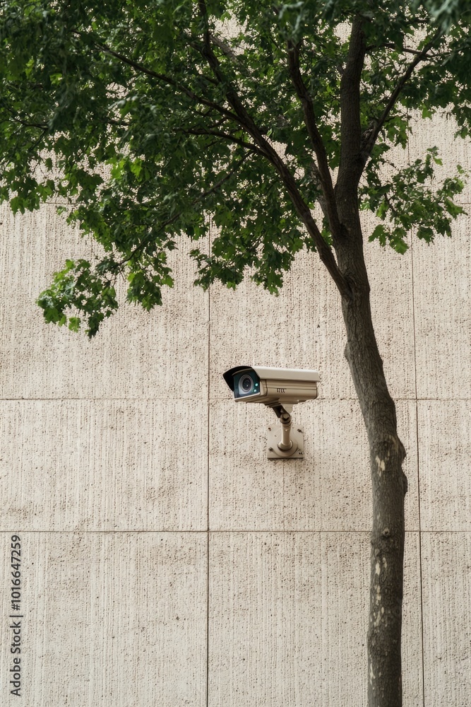 Poster A camera installed on the side of a building near a tree, suitable for surveillance or architecture photography.