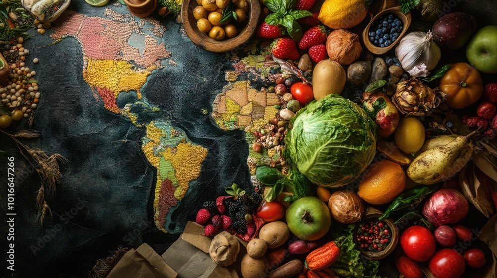 Aufkleber a colorful illustration of a world map surrounded by various fruits and vegetables, great for use in