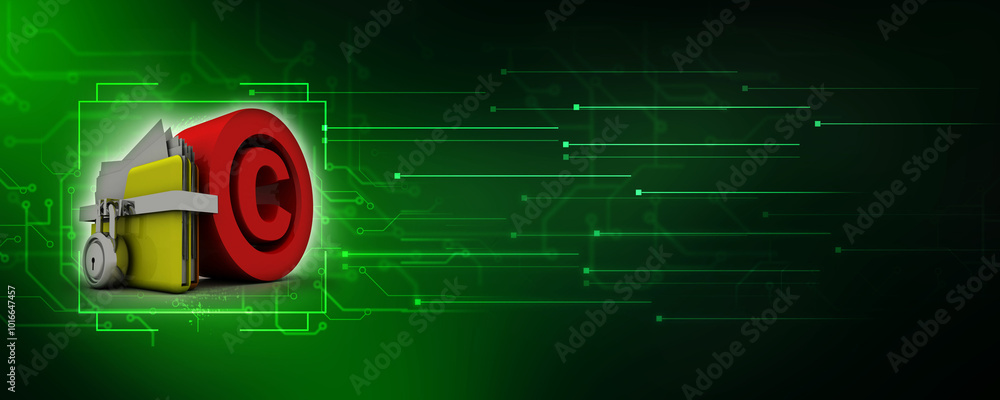 Poster 3d rendering folder protected lock near copyright