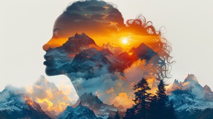 Double Exposure of Woman's Silhouette with Majestic Mountain Landscape and Vibrant Sunset
