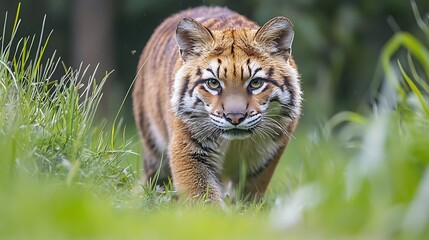 Obraz premium Tiger Walking Through Grass Wild Animal Nature Photography Close up