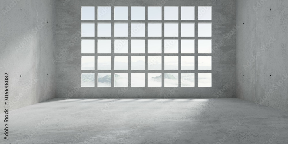 Aufkleber abstract empty, modern concrete room with grid window openings in the back, rough floor and cloudy m