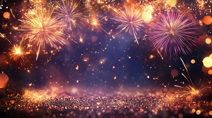Obraz premium Vibrant and Colorful Glittery Fireworks Exploding in a Festive New Year with Shimmering Lights Sparkling Bursts and a Lively Party Atmosphere