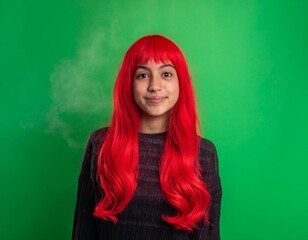 Fototapeta premium Girl with Red Smoke Hair on a flat Green Background, symbolizing creativity, fantasy, and vibrant imagination - Generative AI