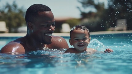 A man and a young child enjoying time together in a swimming pool.