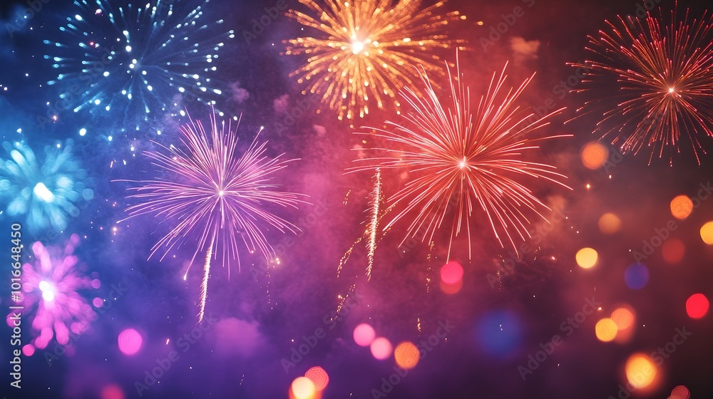 Poster vibrant and dazzling fireworks display lighting up the night sky with bursts of color and sparkling 