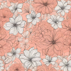Single-line flowers, each one slightly varied, creating an organic, seamless pattern on a light coral background - Generative AI