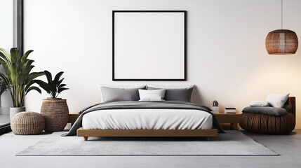 Modern bedroom interior with a double bed, gray pillows and blankets, wicker furniture, potted plants, a blank frame on the wall, and a hanging light fixture.