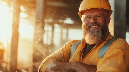 An experienced construction worker with a warm smile stands confidently in sunlight, dressed in protective gear at a construction site, exuding warmth and contentment.