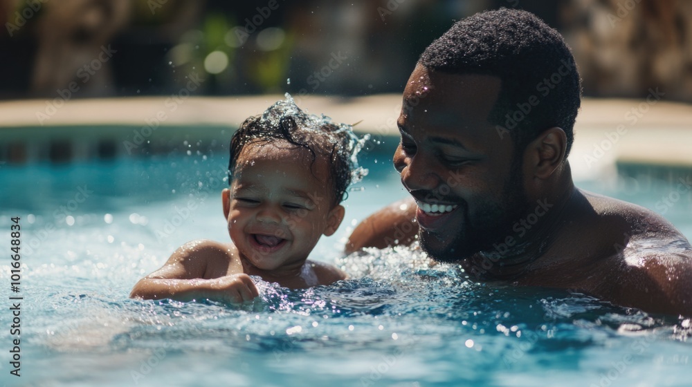 Poster a joyful moment between a man and a child enjoying time together in a swimming pool.