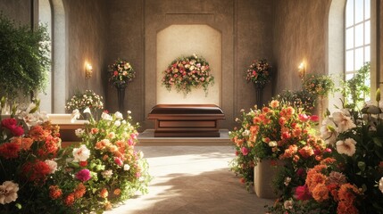 Elegantly Decorated Funeral Chapel with Floral Arrangements Soft Natural Light