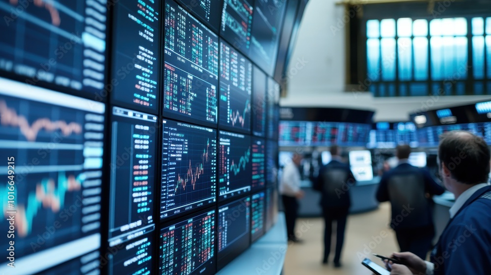 Aufkleber a trader analyzes stock market data on large screens, showcasing modern finance and trading technolo