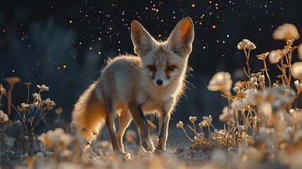 Obraz premium Fennec Fox in a Field of Flowers with a Magical Glow