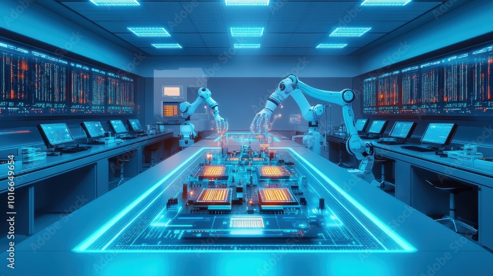 Poster futuristic robotic arms assemble circuit boards in a high-tech lab, showcasing advanced automation a
