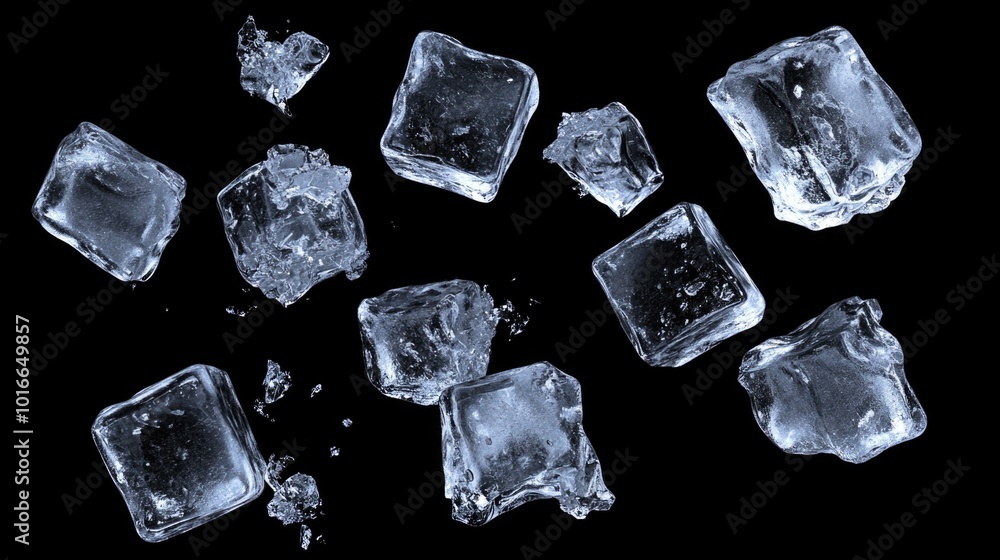 Poster a group of ice cubes sitting on a flat surface, ideal for use in still life photography or as a prop