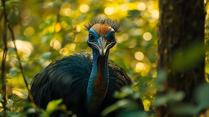 Naklejka premium Cassowary Bird Portrait in Lush Rainforest with Bokeh Background