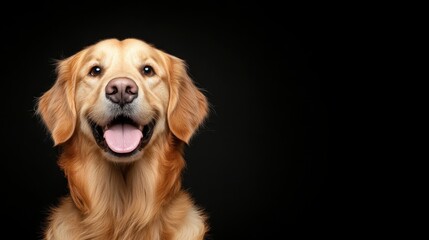 An endearing golden retriever sits joyfully with its tongue playfully sticking out, exuding friendliness and warmth against a minimalist dark background.