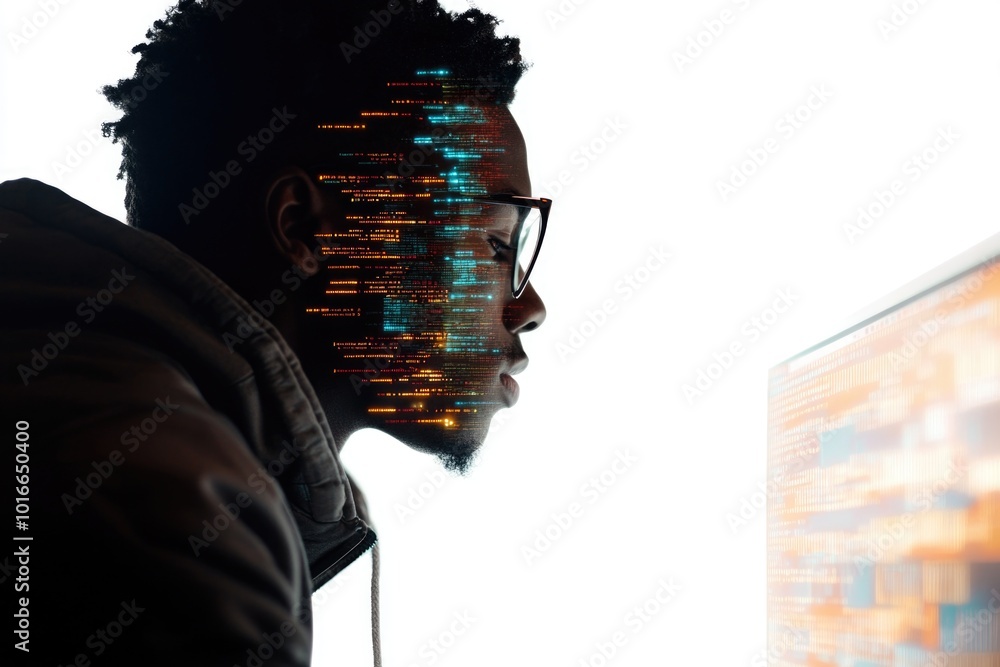 Poster a person wearing glasses sitting in front of a computer screen, possibly working or browsing.