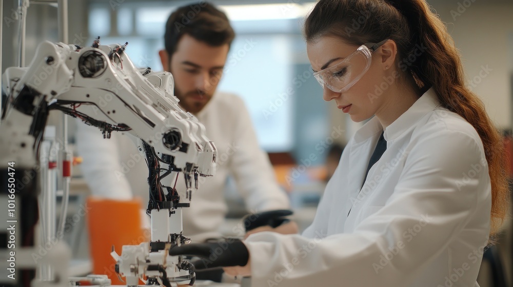 Poster two scientists working with a robotic arm in a laboratory setting.