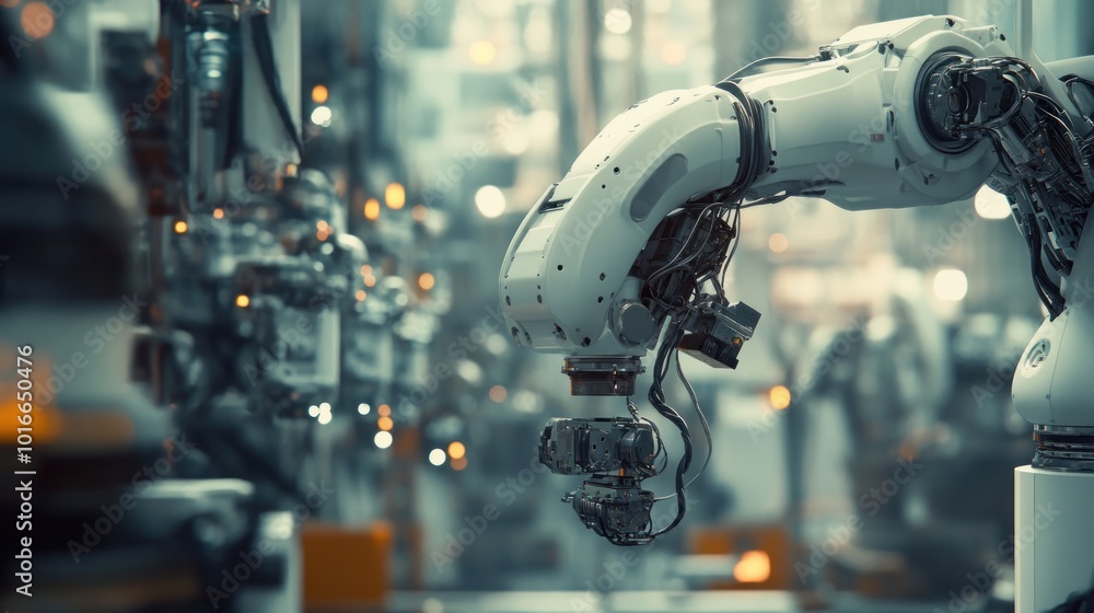 Poster a robotic arm in a factory setting, showcasing automation and advanced manufacturing technology.