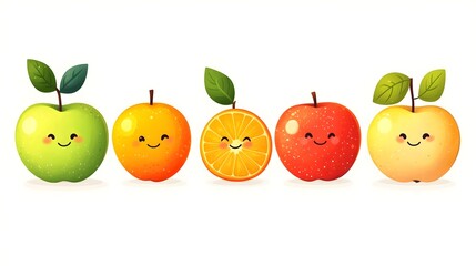 Cheerful assortment of smiling fruit icons including happy apples and oranges for positive childish and creative designs  Colorful and fun produce characters with cute facial expressions