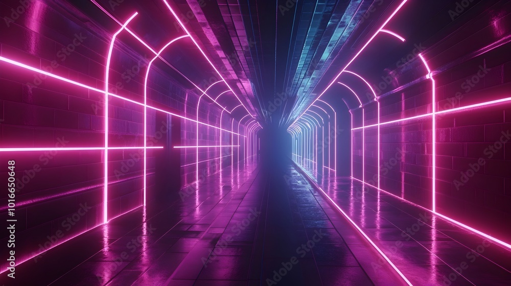 Aufkleber futuristic neon lit holographic tunnel with dynamic 3d lighting and geometric shapes that immerses u