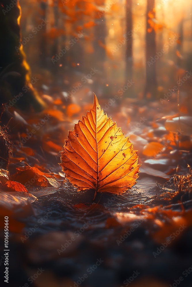 Poster a vibrant golden leaf lies on a damp forest floor, surrounded by fallen leaves, illuminated by soft 