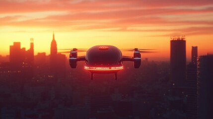 Obraz premium Aerial view of a city with a flying object in the sky, suitable for illustrations about transportation and urban planning.