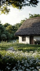 A serene countryside scene featuring a charming thatched cottage surrounded by lush greenery and blooming flowers.
