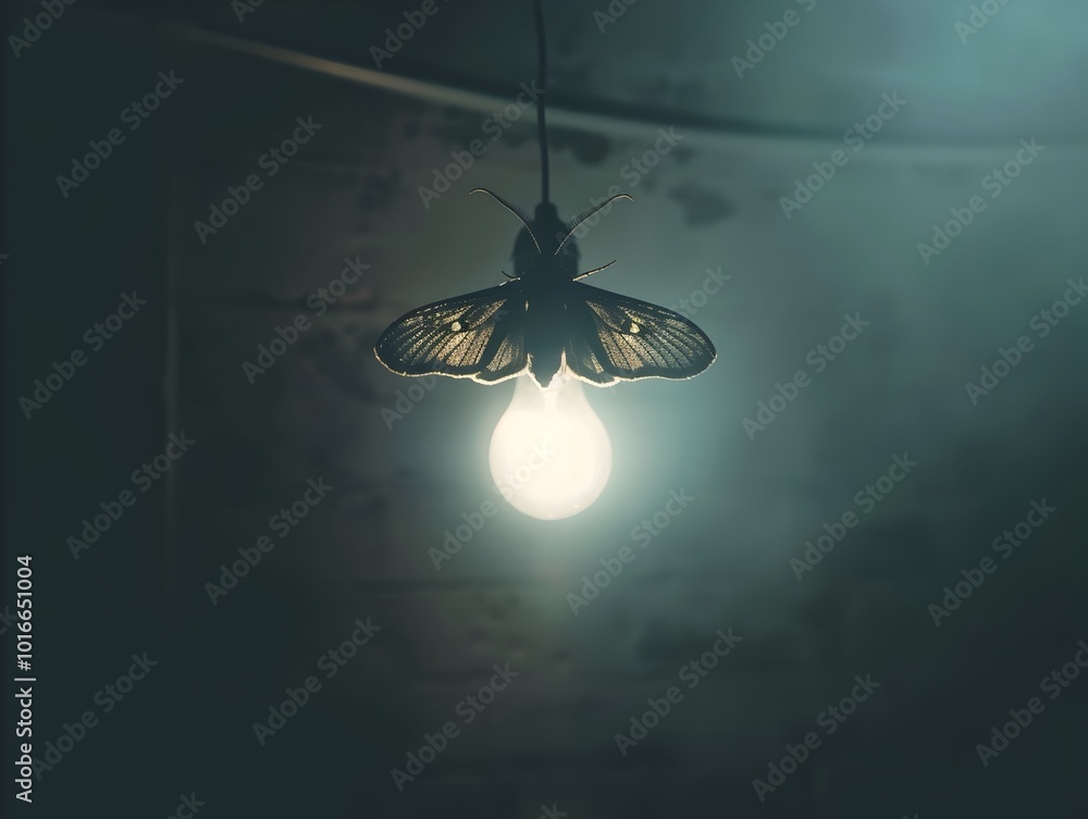 Poster moth fluttering around a flickering lightbulb in a dark room casting mysterious shadows