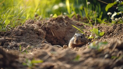 Fototapeta premium Gopher Digging Intricate Network of Tunnels Under Garden Mounds of Dirt Visible on Surface