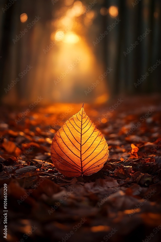Poster a solitary leaf illuminated by sunlight, surrounded by fallen leaves, creating a warm, autumnal atmo
