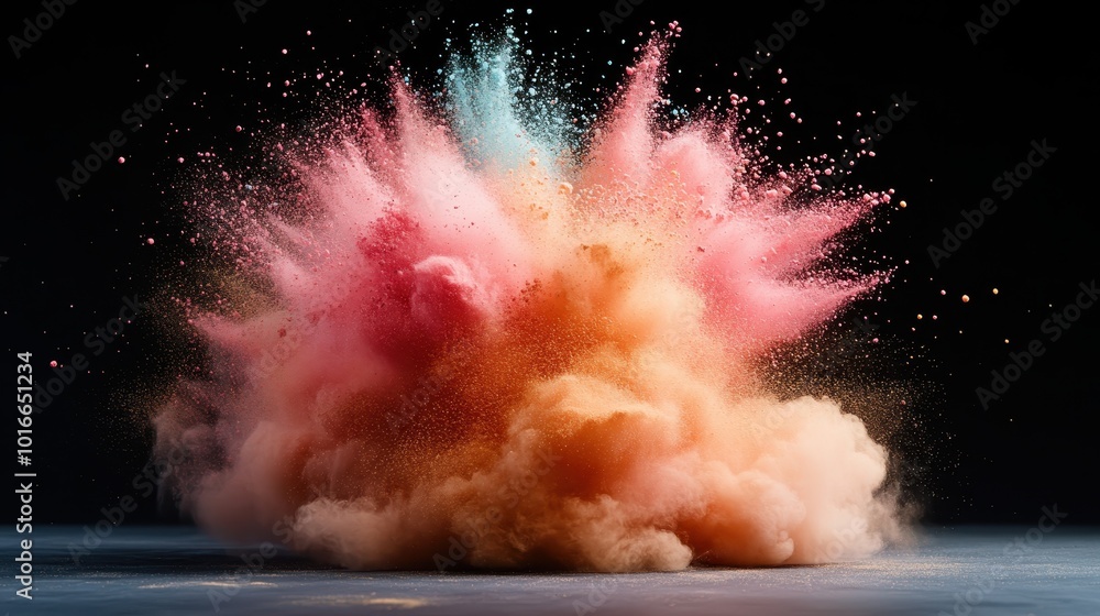 Poster a burst of vivid pink, blue, and orange powders explodes in a dark space, creating a dynamic and exp