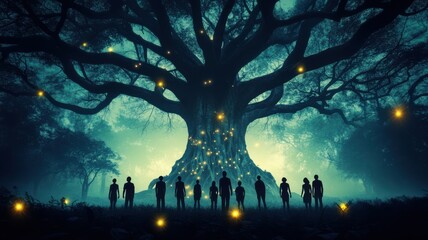 A mystical scene featuring silhouettes of people standing under a large tree illuminated by glowing lights in a magical forest.