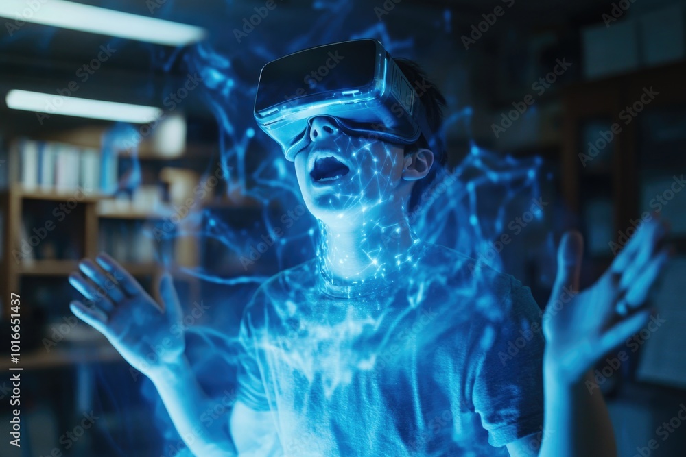 Poster A person exploring virtual worlds while studying in a quiet library.