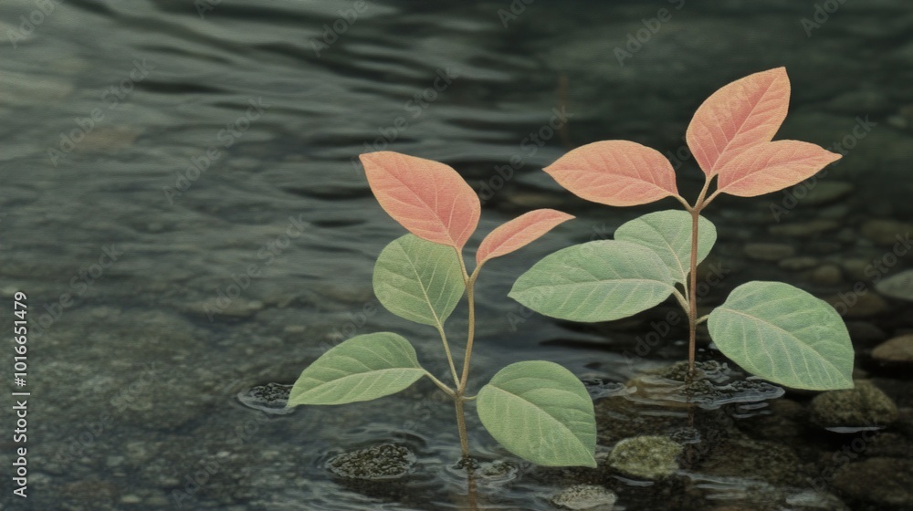 Poster Green and Red Leaves Emerging from Water