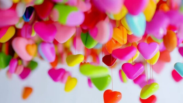 Colorful Rain of candy hearts on a white background 