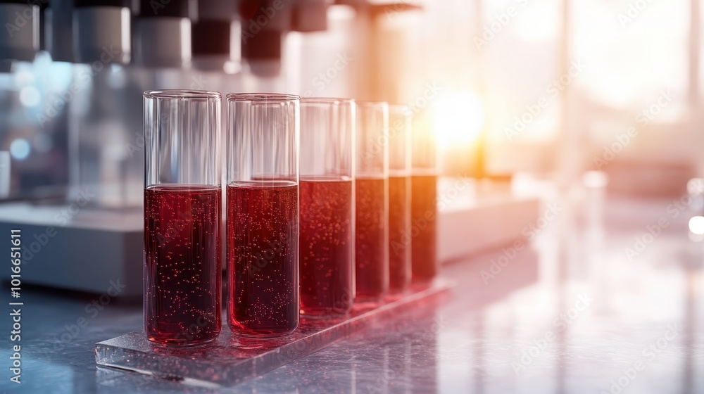 Poster rows of test tubes containing a red liquid aligned in a laboratory during sunset, representing scien