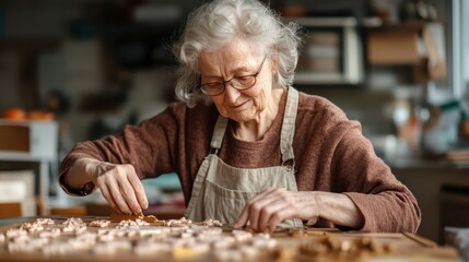 An elderly woman with gray hair and glasses is engrossed in assembling a detailed wooden puzzle on a table, showcasing concentration and cerebral engagement.