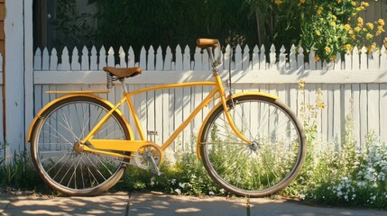 Fototapeta premium A yellow bicycle leaning against a white picket fence, its detailed parts shining in the sunlight