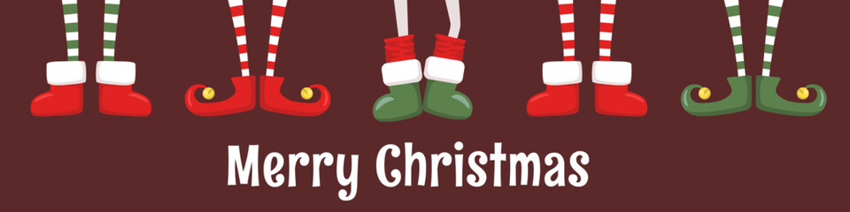 Merry Christmas horizontal illustration with cute cartoon elves legs in shoes and boots isolated on brown background. Vector illustration template for greeting card print, poster, banner