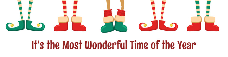 Merry Christmas horizontal illustration with cute cartoon elves legs in shoes and boots isolated on white background. Vector illustration template for greeting card print, poster, banner