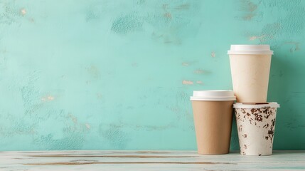 Three different styled paper cups are artistically arranged against a textured turquoise background, symbolizing diversity, modern design choices, and unity in variety.