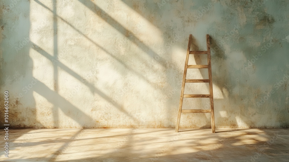 Poster an empty rustic wooden ladder stands against a textured wall, bathed in sunlight, creating a peacefu
