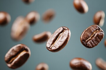 Fototapeta premium A group of coffee beans suspended in mid-air, ideal for use in food and beverage related designs.
