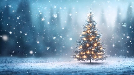 A Snowy Christmas Tree Glowing with Lights