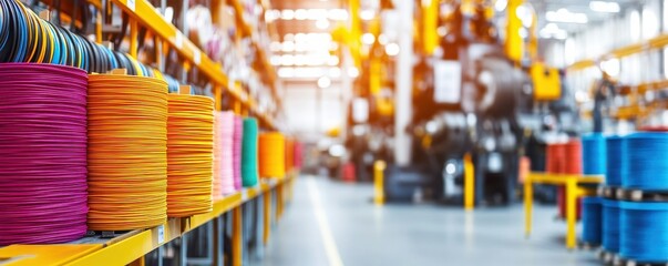 Naklejka premium Vibrant spools of thread arranged on shelves in a factory, showcasing a colorful inventory in a bright, well-lit workspace.