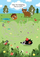 Obraz premium Cute maze game labyrinth vector illustration. Find the direction for hedgehog and acorn autumn illustration. Printable page for kids. 