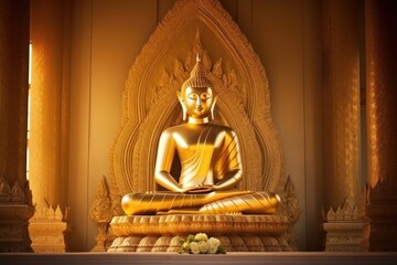 Gold buddha statue temple representation spirituality.